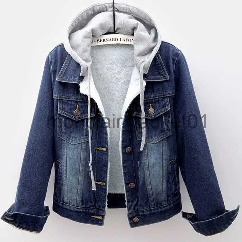 Kvinnorjackor 2023 Autumn Winter Women Denim Coats Velvet Warm Thick Hooded Jeans Kortjacka Kvinnlig vintage Blue Cowboy Overcoat Outwear 5XL J230925