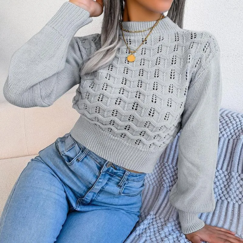 Women s Sweaters Women Pullover Sweater Elegant Autumn Winter Hollow Out Design Lantern Sleeves Short Knit Stylish Half high