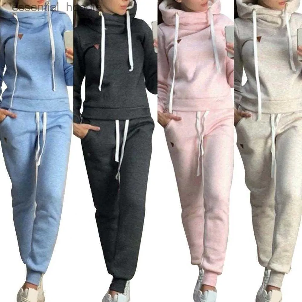 Kadınların Takipleri Trailtsuit Düz Renk Kadın 2 PCS JOGGING DUE TRACHSUITS Polar kaplı kapüşonlu pantolonlar seti L230925