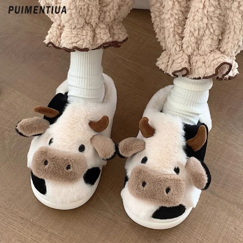 Slippers Upgrate Cute Animal Slipper Women Girls Kawaii Fluffy Winter Warm Slippers Woman Cartoon Milk Cow House Slippers Funny Shoes 230925