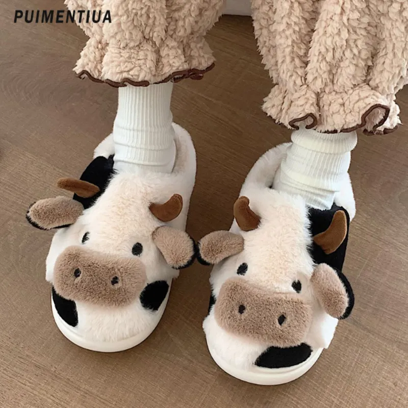 Pantoufles Améliorer mignon Animal pantoufle femmes filles Kawaii moelleux hiver chaud pantoufles femme dessin animé lait vache maison pantoufles drôle chaussures 230925