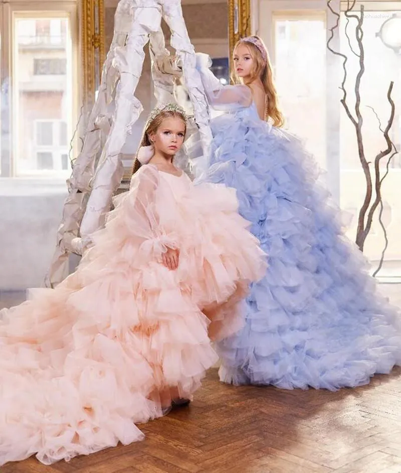 Платья для девочек Розовое платье принцессы с пышными рукавами и цветком Милое платье на день рождения, свадьбу, вечеринку для ребенка
