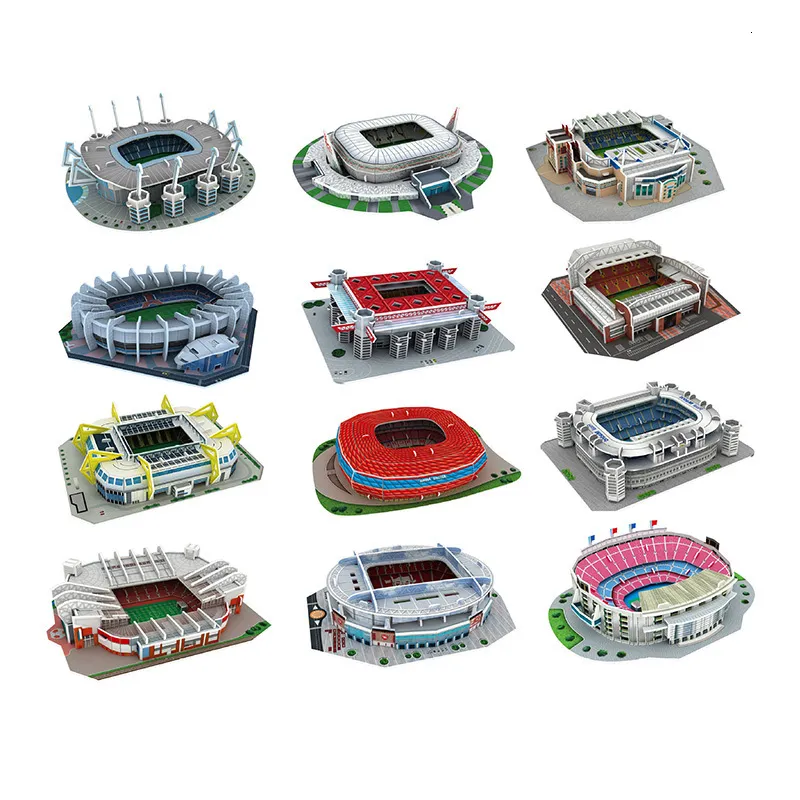 Block Palm Size DIY 3D Football Puzzle Puzzle Mini Soccer Stadium Building Model Assembly Handgjorda leksaker Desktop Decorations 230925