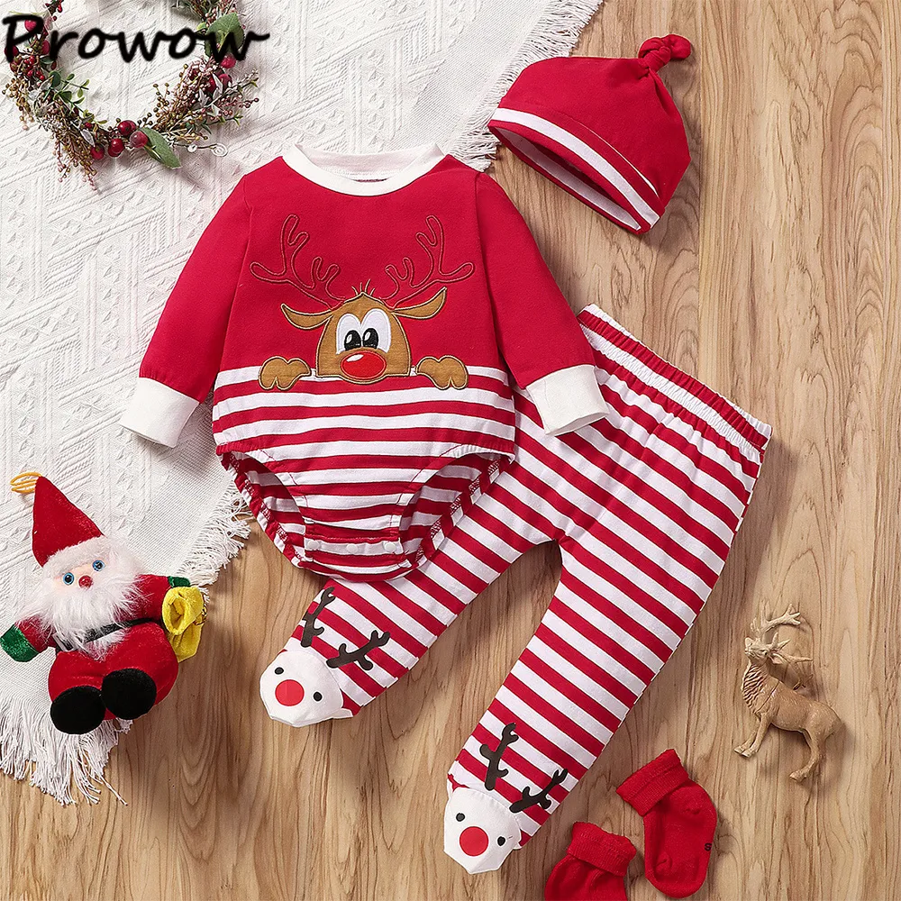 Clothing Sets Prowow 0-18M My First Christmas Baby Outfits Cartoon Deer RomperStriped Footed PantsHat Happy Year Baby Costume 2024 230925