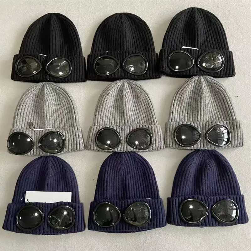 Novo designer de duas lentes óculos gorros homens chapéus de malha crânio bonés ao ar livre feminino uniesex gorro de inverno preto cinza gorro