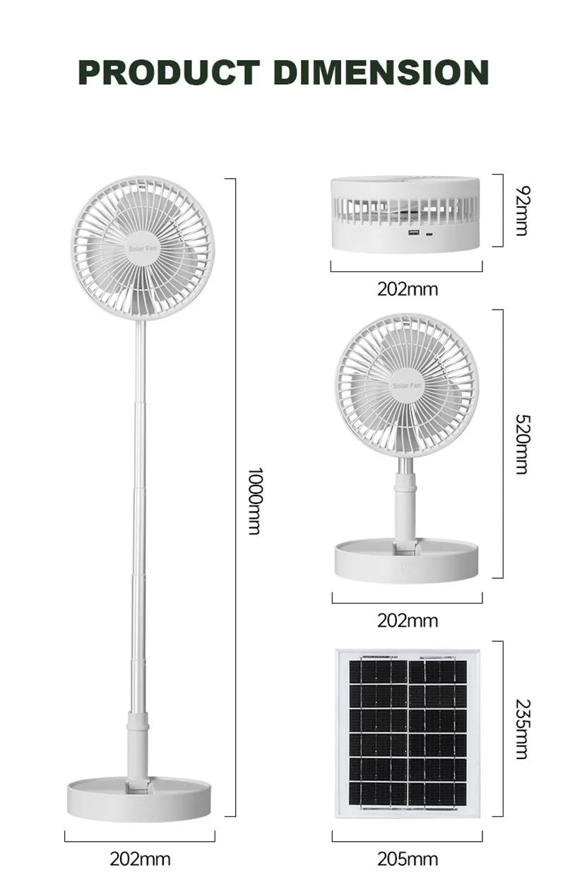 Solar Fan with Battery Rechargeable 5200mah 8 in'' Foldaway Standing Fan 3 Speeds Portable for Outdoor Camping