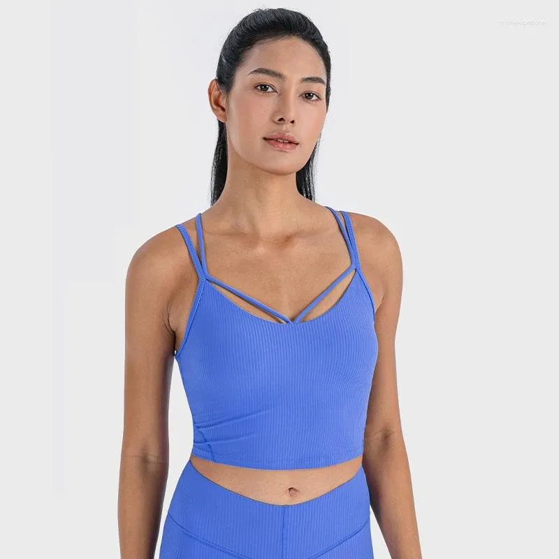 Yoga Outfit Seamless Rib Sports Bra Top Double Spaghetti Straps Fitness Bralette Women Gym Tank Crop Push Up Tight Padded Underwear
