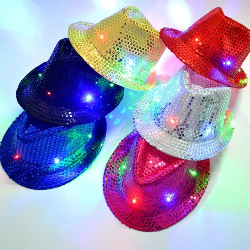 Outros suprimentos de festa de evento 10 pcs criança adulto menino menina flash LED brilho jazz lantejoulas fedoras chapéu acender boné festa aniversário trajes de casamento natal 230925