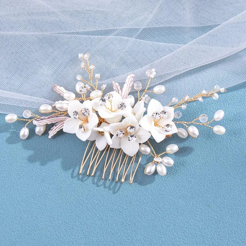 Hair Clips Korean Fashion Combs White Flower Designs Artificial Pearl Rhinestone Hairpins For Bride Wedding Jewelry