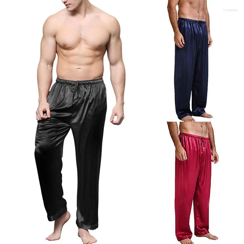 Мужская одежда для сна, однотонные шелковые пижамы европейского размера, удлиненные имитационные брюки, удобные домашние повседневные брюки для йоги