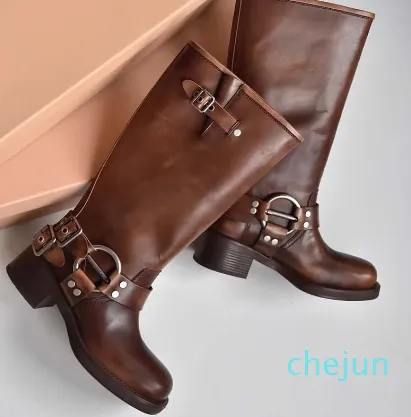 Harness Belt Buckled leather suede Biker Knee chunky heel zip Knight boots Fashion square toe Ankle Booties Western boots