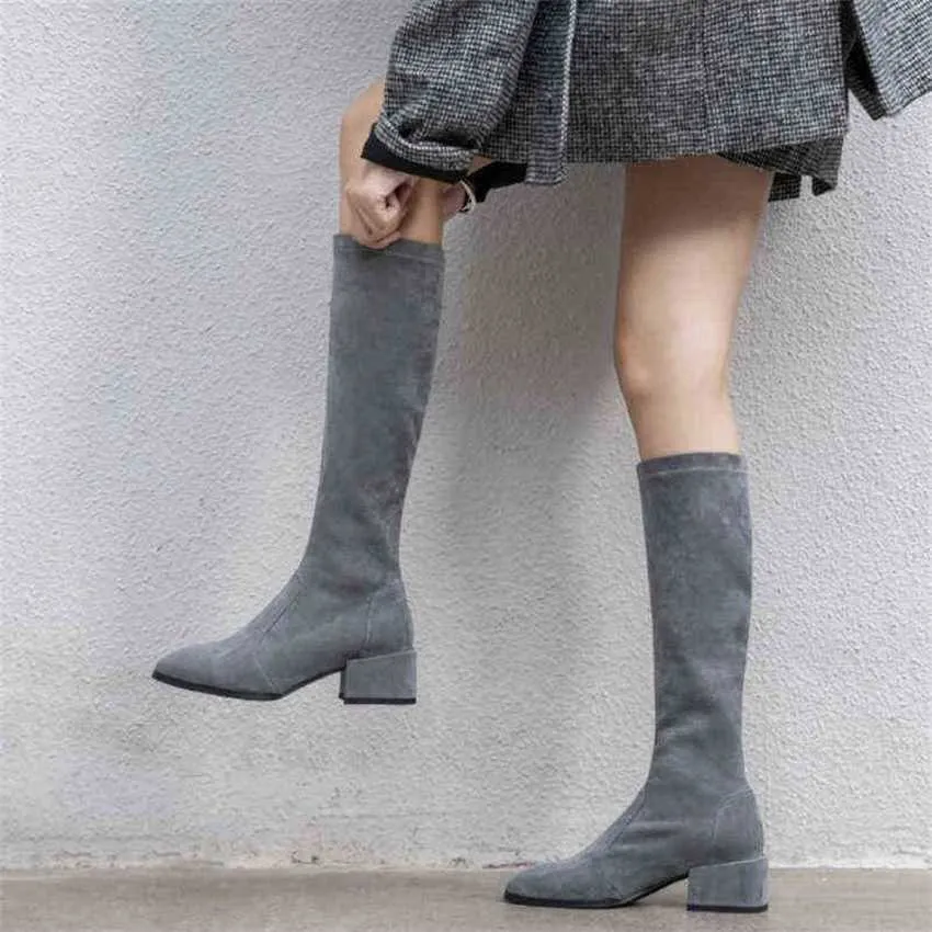 Boot Brand Knee High Women Shoes Square Heels Black Grey Suede Stretch Elastic Girls Ladies Autumn Winter Female 1211