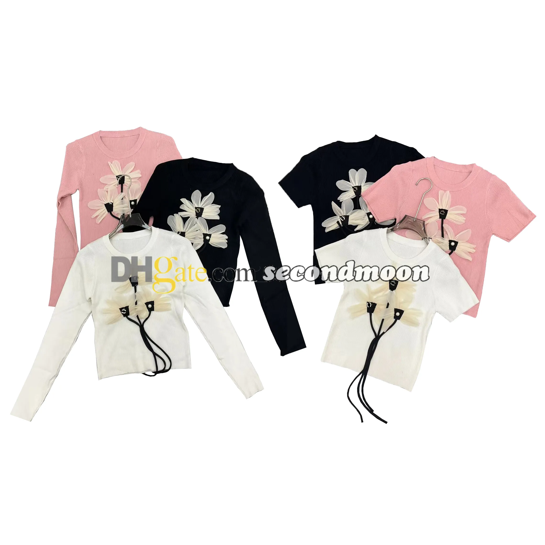 Top in maglia con decorazione floreale Top da donna girocollo Maglieria a maniche corte pullover in maglia T-shirt stile casual estivo