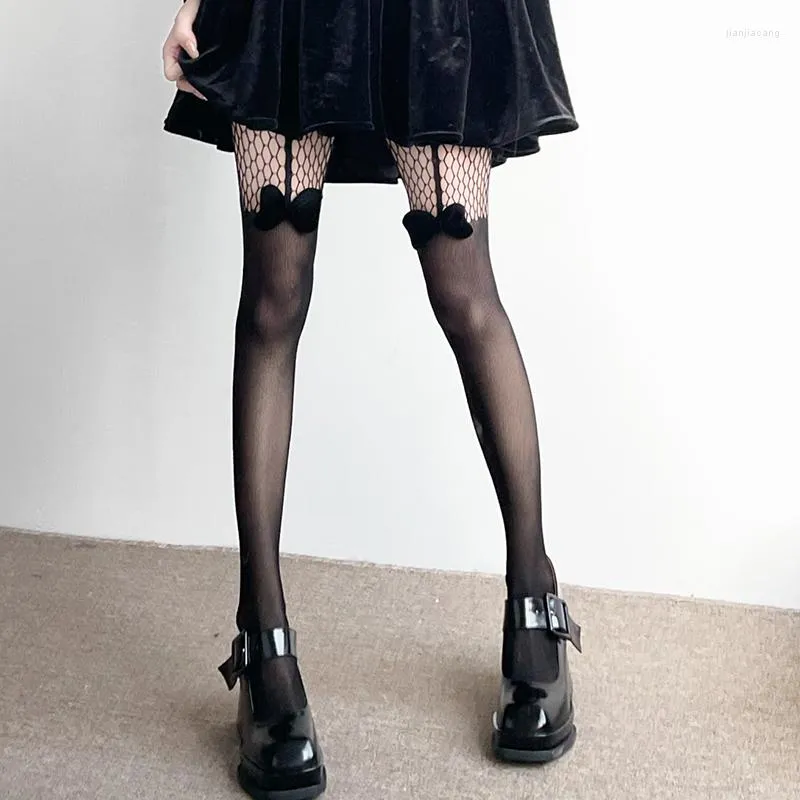 Frauen Socken Lolita JK Japanische Schwarze Strumpfhosen Dessous Sexy Spitze Mesh Fischnetz Strumpfhosen Mädchen Niedliche Schleife Oberschenkel Hohe Lange Strümpfe