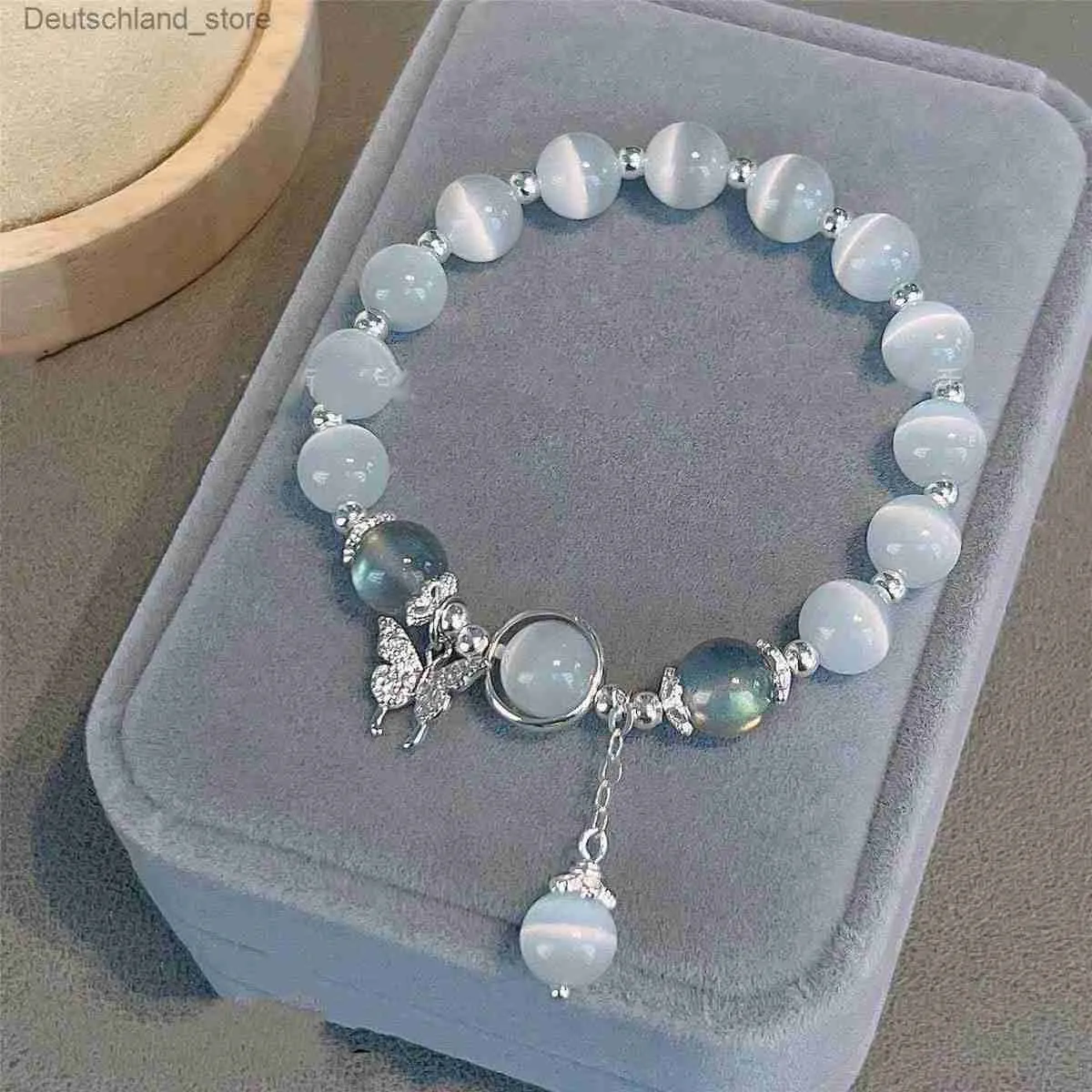 Braccialetti con ciondoli Original Opal Sea Blue Treasure Bracciale in cristallo al chiaro di luna Bracciale elastico di lusso leggero per ragazze Accessori per gioielli da donna Q230925