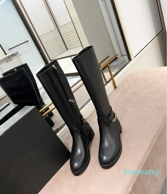Luxury Brand Womens Knee Boots Leg Slimming Knight Winter Snow Motorcycle Chain Shoes Size