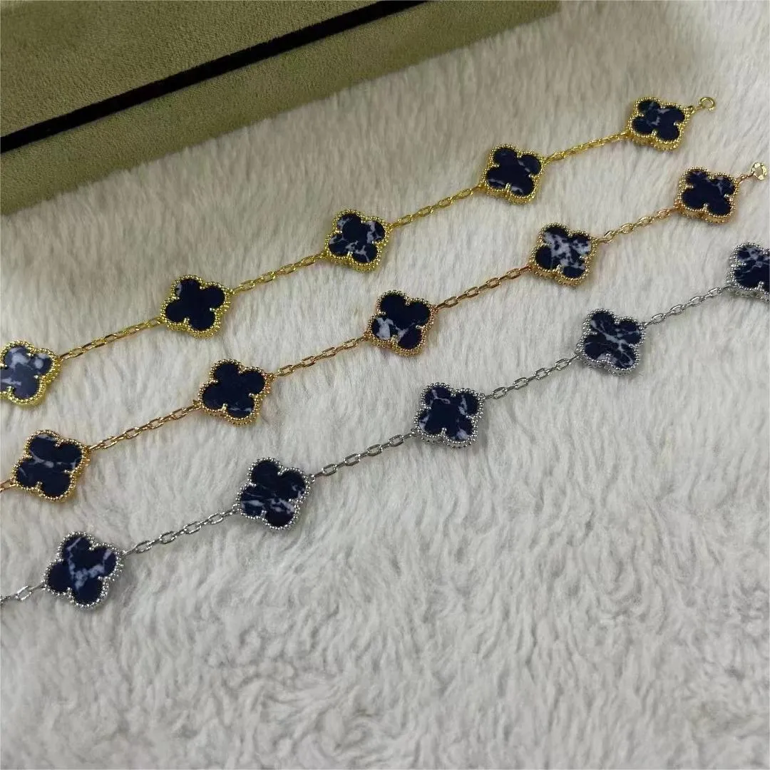 Adorável trevo designer de luxo charme pulseira para mulheres meninas prata branco ouro doce 5 flores folha azul pietersite pedra link corrente 15mm pulseiras jóias mais recentes