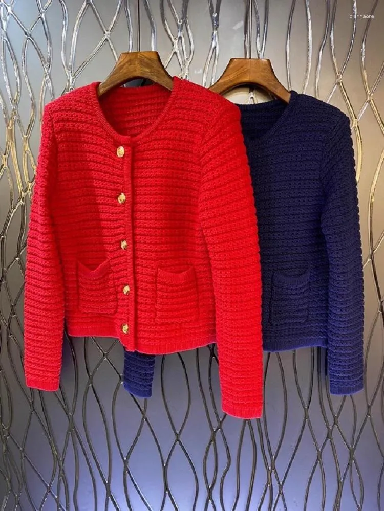 Giacche da donna 2023 Autunno Inverno Moda Rosso Blu scuro Cardigan lavorato a maglia Donna Tasca Patchwork Manica lunga Cardigan casual Cappotti Outwear