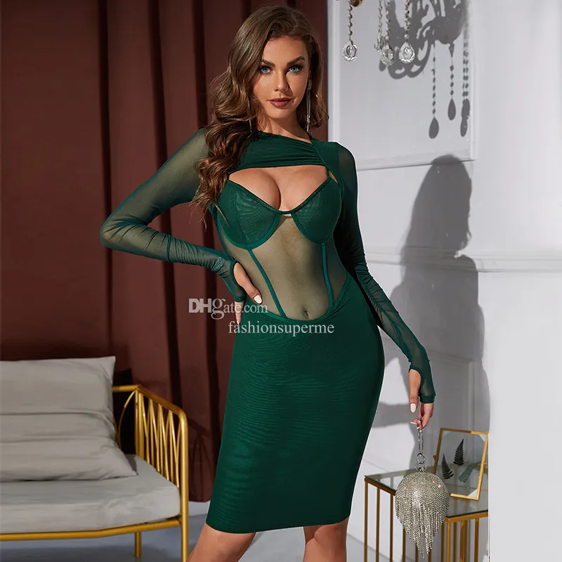 verde donna signora sexy vedere attraverso fasciatura aderente abiti slim ritagli manica lunga abito da sera da sera ZF0120