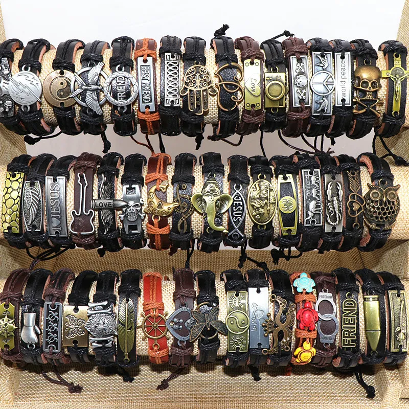 Bangle grossist 50 st/lot läder metall charmarmband för män vintage handled manschettarmband för kvinnliga gåvor smycken mix stil 230923