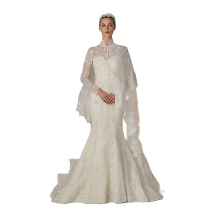 Abito Da Sposa A Sirena In Pizzo A Maniche Lunghe Al Collo Con - Main Image