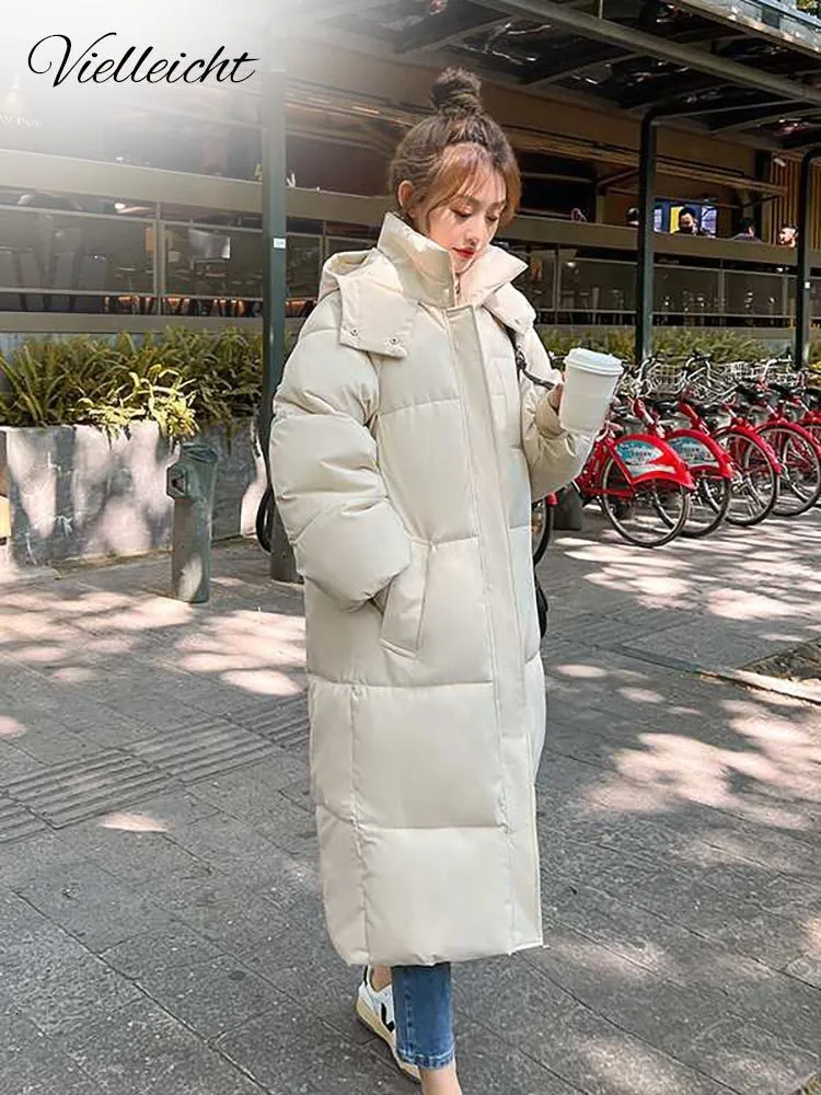 Mulheres para baixo parkas vielleicht jaqueta coreana mulheres inverno xlong sólido com capuz engrossar quente feminino neve desgaste casaco acolchoado roupas soltas 230925