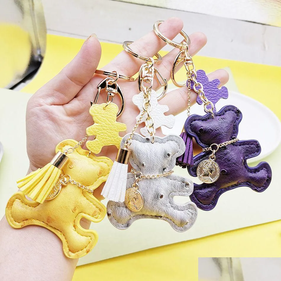 Key Rings Cute Teddy Bear Chains Animal Design Tassel Keychains Ring Charms Leather Car Keys Holder Bag Pendant Wristlet Keyring Acces Dhk1W