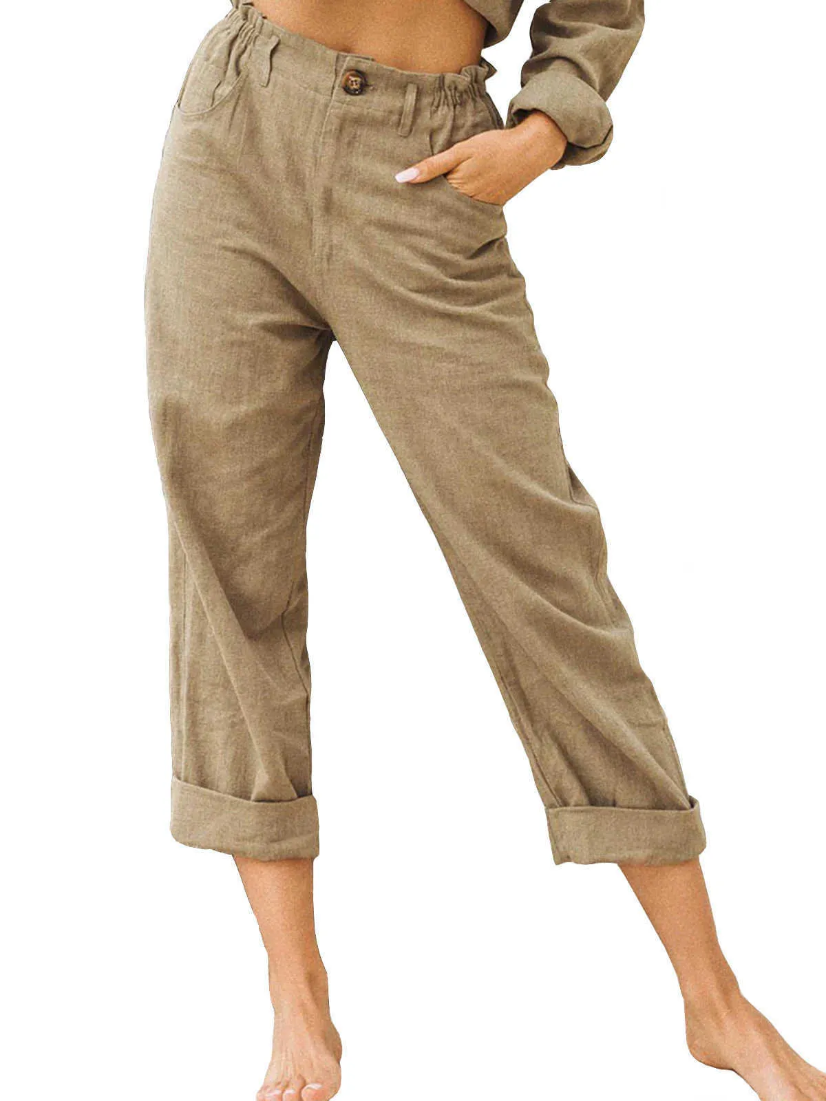 Pantaloni da donna estivi in cotone e lino tinta unita alla moda, larghi, a vita alta, casual