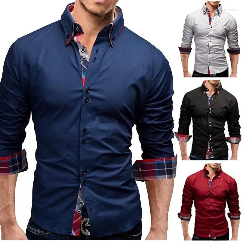 Männer Casual Shirts Herbst Lange ärmeln Koreanische Version Schlanke Doppel-kragen Einfarbig Vielseitig