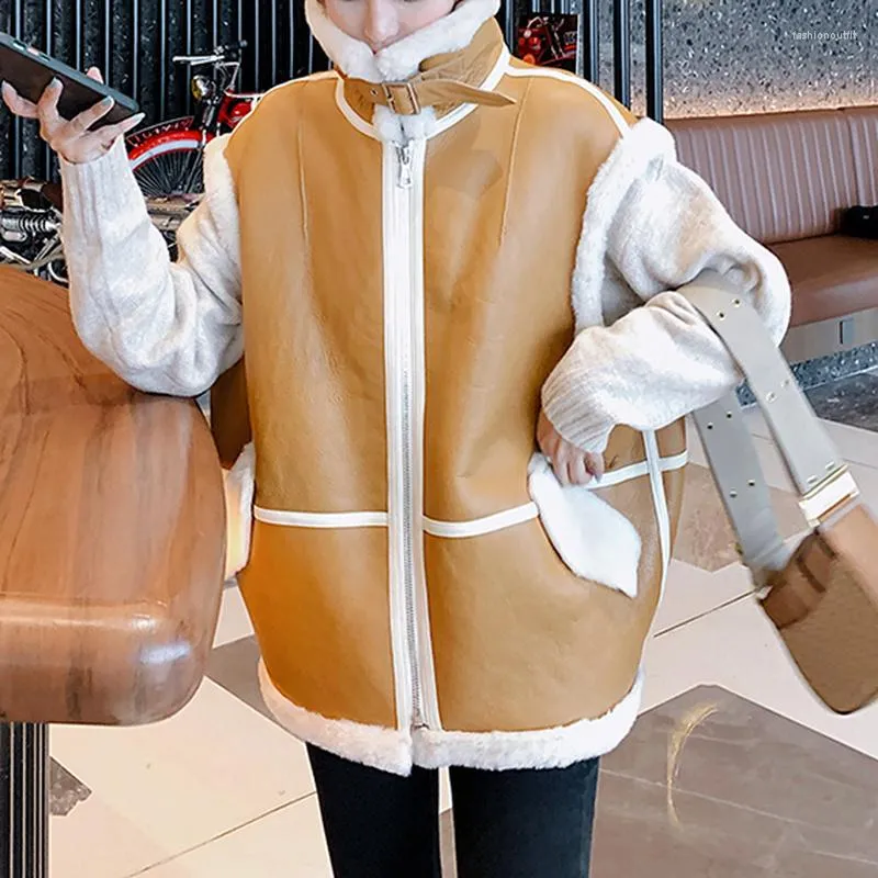 Women's Jackets Women Integrated Thick Lamb Hair Korean Style PU Leather Winter Fur Clothing Fashion Pumpkin Color Loose Locomotive Vest