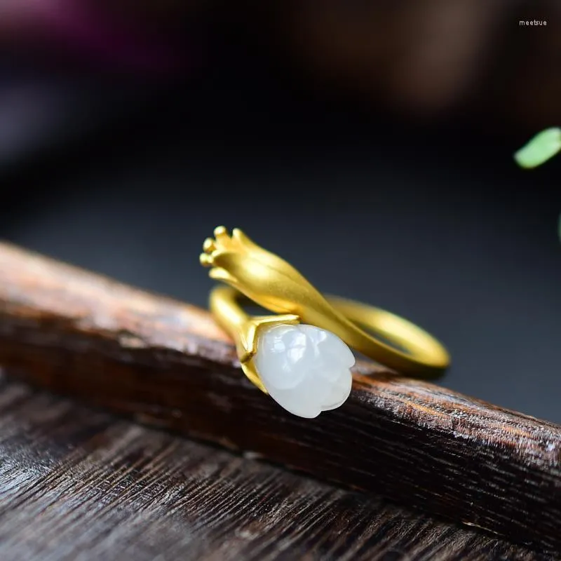 Cluster Rings White Jade Flower Designer Stone Chinese Accessories Charms Adjustable Ring 925 Silver Amulet Women Jewelry Natural