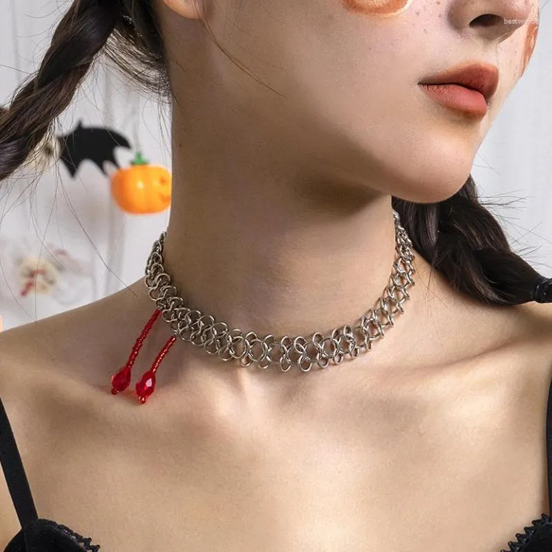 Correntes goth punk malha corrente gargantilha colares para mulheres moda retro halloween gota de sangue pingente colar clavicular jóias presente