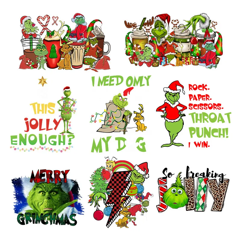 Notions Weihnachts-Abziehbilder zum Aufbügeln, Transfer-Wärmeübertragungen, Design-Aufkleber, zum Aufbügeln, Vinyl-Aufnäher, Cartoon-Weihnachts-Grinch-Applikationen für Kleidung, Hüte, Kissen, Rucksäcke