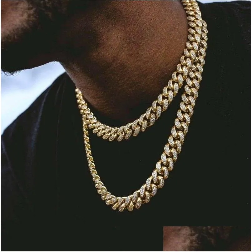 Chaînes De Luxe Miami Cubain Colliers Pour Hommes 15mm Chunky Sier Or Lien Chaîne Mode Strass Hip Hop Rappeur Collier Bling Femmes Salut Dhvc1