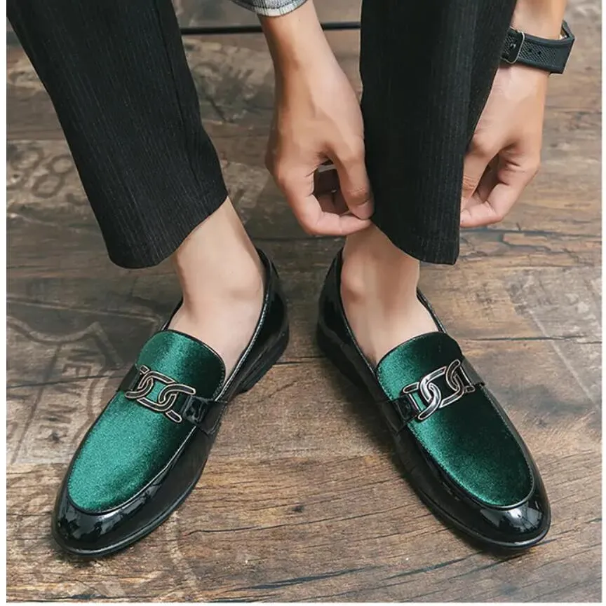 Topp Oxford-skor för designer Mens Suede Black Formal Shoes Luxurys G Brand Men Patent Leather Shoes Zapatos de Hombre Wedding Party Green Dress Shoe Storlek 36-44