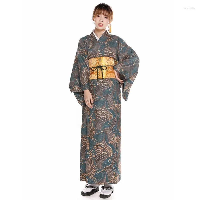 Vêtements ethniques Kimono japonais traditionnel Femme avec ceintures Obi Bronzing Imprimé Robe de bain Vintage Yukata Femmes Geisha