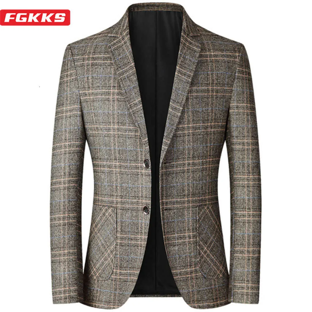 FGKKS New Spring Autumn Blazers Men Slim Fit British Plaid Formal Curting Party Wedding Business Casual Blazers Mężczyzna