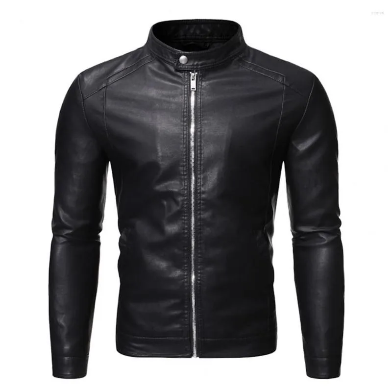 Jaquetas masculinas Homens Jaqueta de Couro Clássico Slim Fit Motocicleta PU Cor Sólida Colarinho Grande Preto