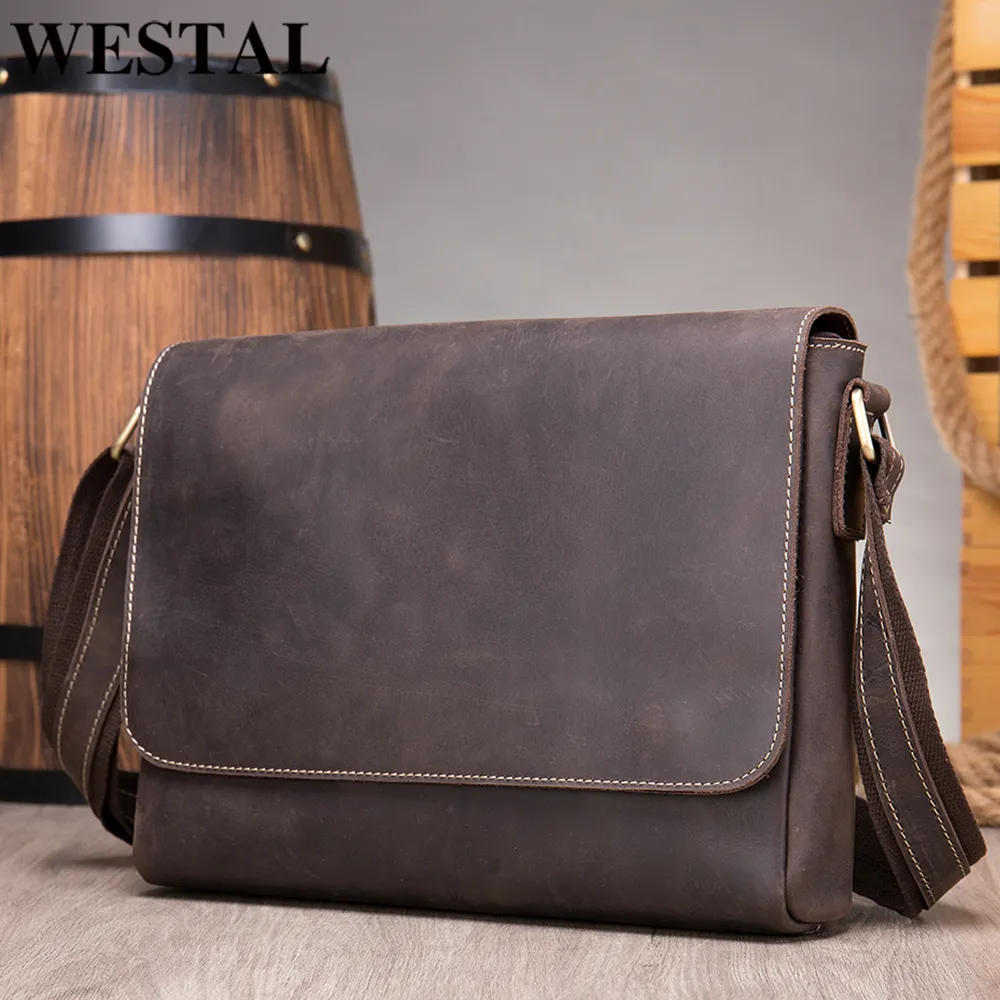 ブリーフケースWestal Crazy Horse Leather Men's Breaidcases Laptop Bag Officeバッグ