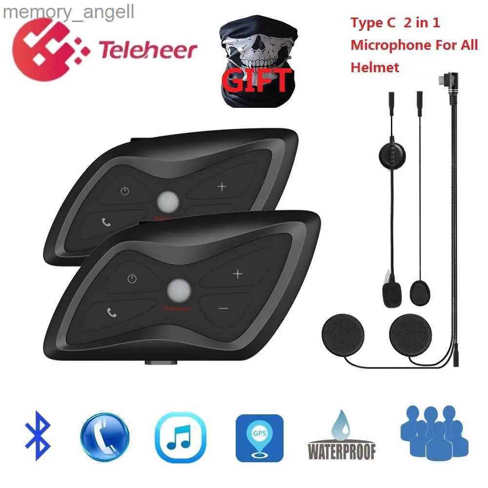 Walkie Talkie Teleheer T6 Plus Bluetooth 5.1 Motorhelm Intercom Headset 1500M Hoofdtelefoon Interphone Communicator voor 2 rijders Waterdicht HKD230925
