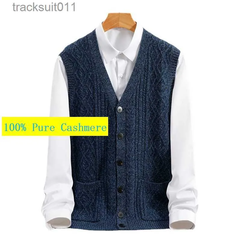 Men's Vests New Arrival Spring Autumn 100% Pure Cashmere Cardigan Tank Top Men's Sweater Casual Solid Knitted Vest Plus Size S-3XL4XL5XL6XL L230925