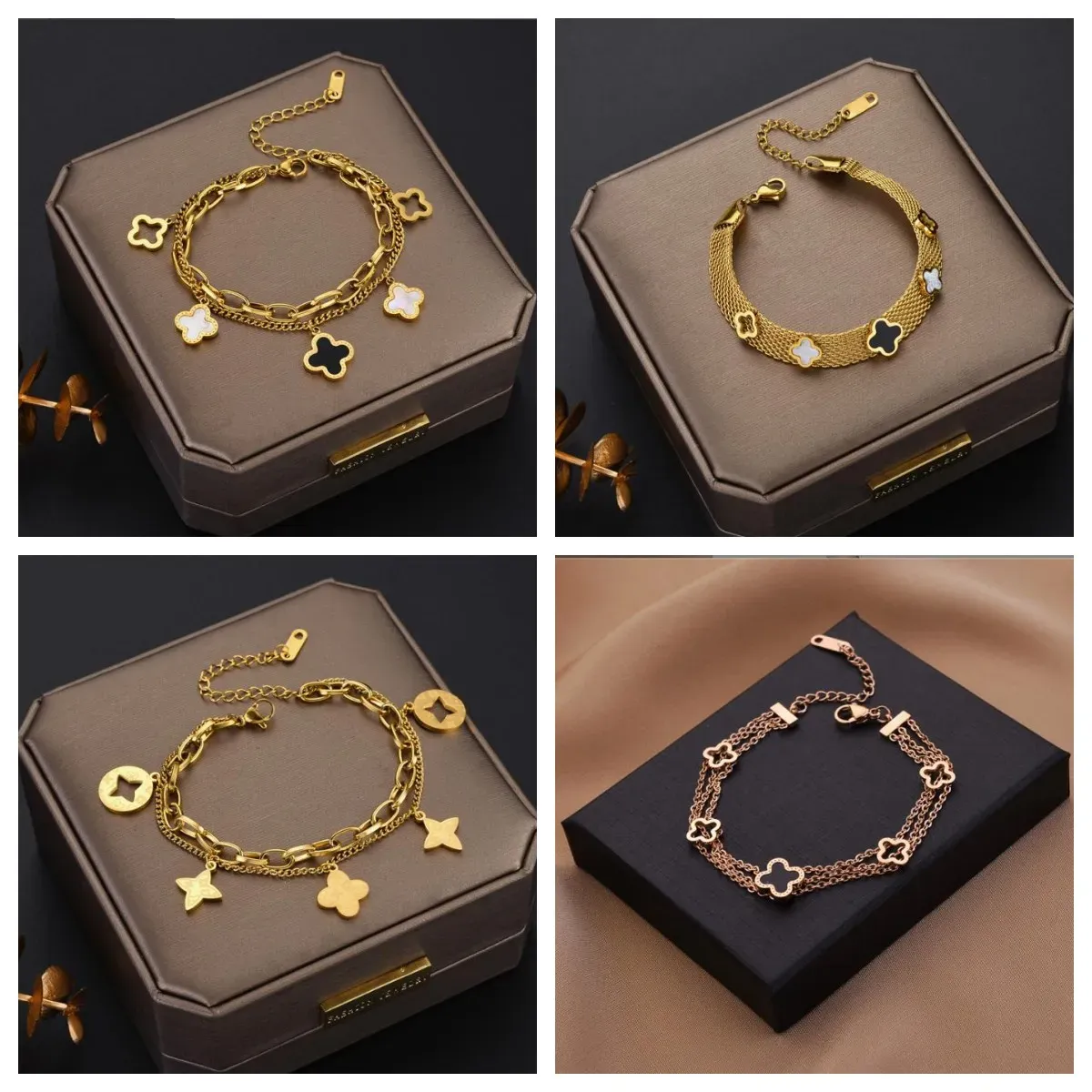 I più nuovi bracciali firmati Braccialetti con 4/quadrifogli Bracciale con placca in oro Riempimento in acciaio inossidabile Agata Fiori Fascino tradizionale Collegamento con aragosta Regali per feste di compleanno