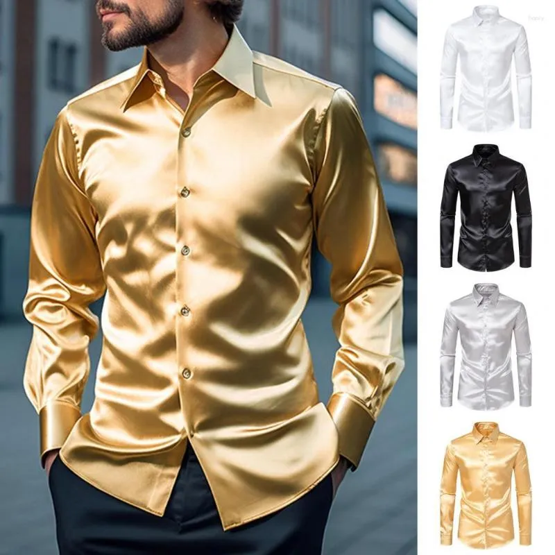 Camisas casuais masculinas camisa elegante seda como cetim manga longa slim fit cor sólida lapela botão para baixo negócio formal