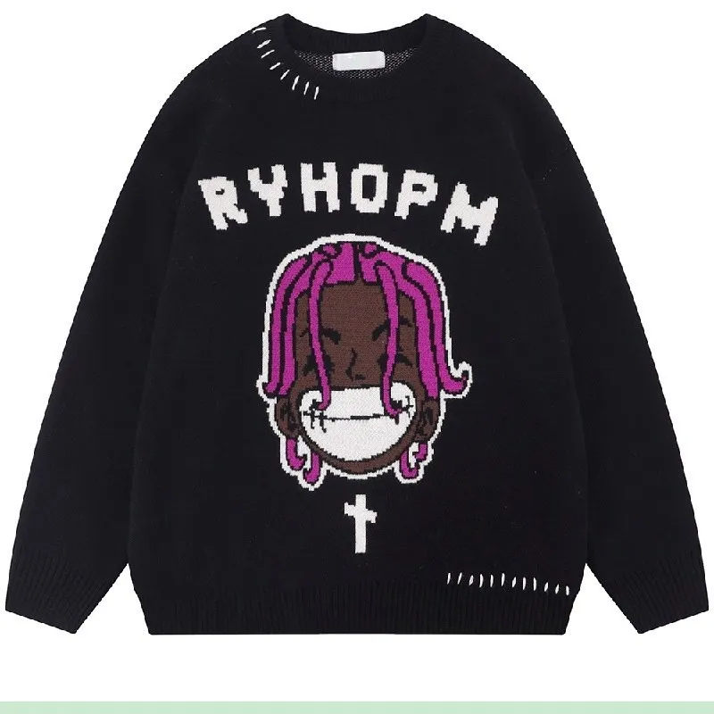 Pull surdimensionné d'hiver pour hommes européens et américains, pull rock hip-hop rap, pull pour femmes, pull laid, pull tricoté d'anime de dessin animé rétro Harajuku