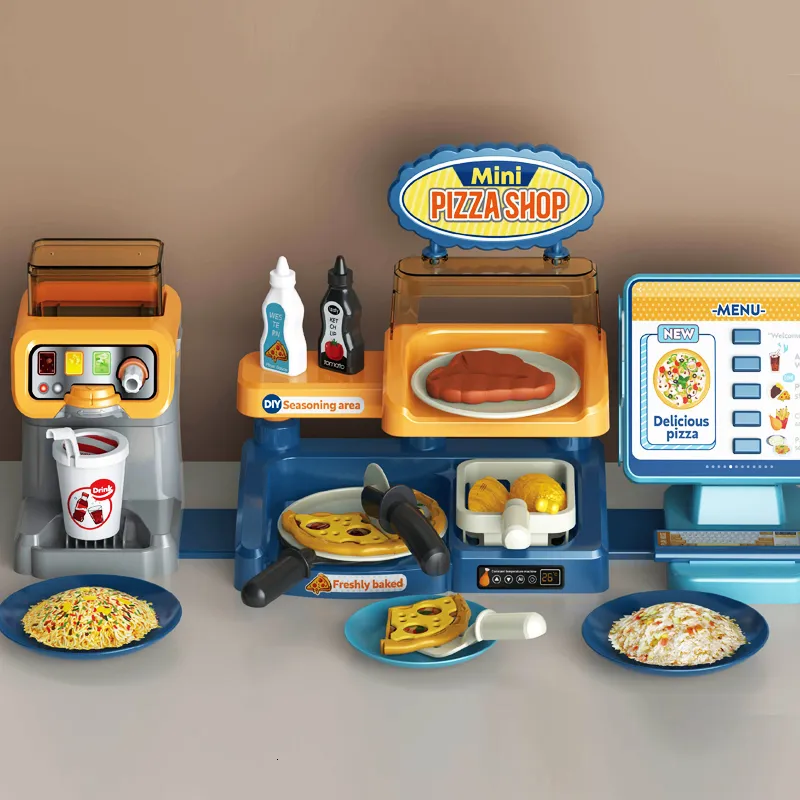 Kitchens Play Food Kids Pizza Shop Kitchen Set Juice Drink Machines Toy Toys Playset Pretend Shopping Cash Register For Children 230925