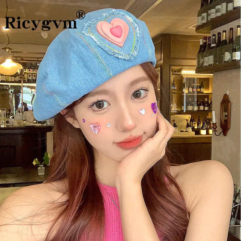 Baretten RICYGVM Y2K Love Women Baret Kpop Egirl Heart Octagonal Cap Vintage Demin Blue Artist Painter Hat Esthetische Koreaanse Cowboy Beanie 230925