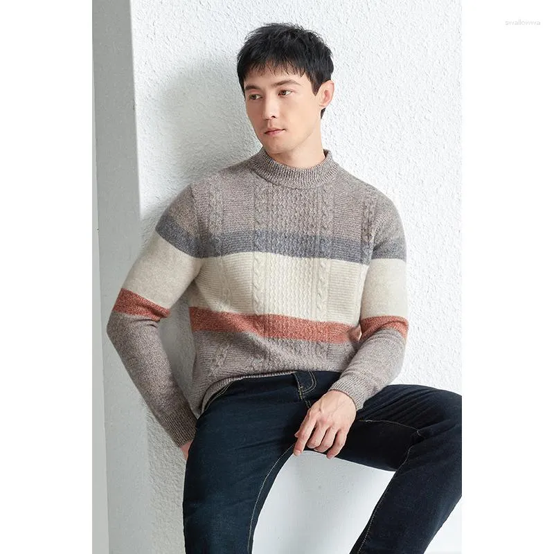 Men's Sweaters Sheep Wool Clothes Autumn & Winter Wide Striped Warm Sweater Pullover Knitwear Long Sleeve Pure Knit