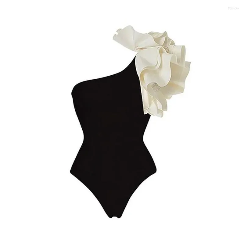 Costume da bagno da donna Costume da bagno da donna Semplice tinta unita Costume intero con decorazione a grappolo in nero/bianco sulle spalle Alla moda ed elegante f3