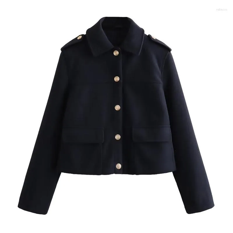 Kvinnorjackor Kvinna Casual Navy Blue Turndown Collar Jacket 2023 Höst Kvinnlig Solid Soft Outwear Ladies rak