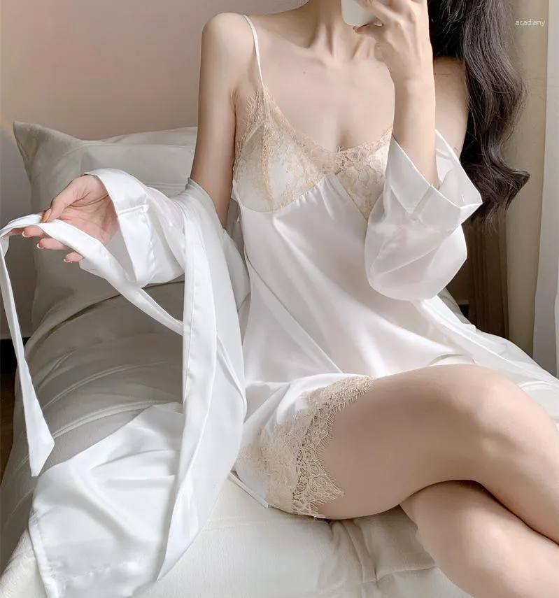 Women's Sleepwear Sexy Women Female Nighty&Robe Set Lace Nightdress Summer Silk Satin Kimono Bathrobe Gown Suit Casual Homewear